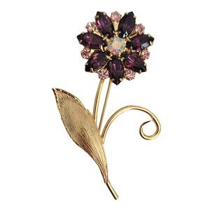 Gold Tone, Purple Rhinestone Stemmed Leafy Flower Brooch